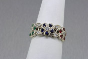 14k three flower emerald, sapphire, ruby and diamond ring