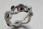 Platinum, ruby, sapphire, and diamond freeform ring