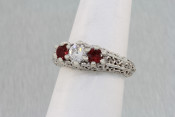 14k White Gold 3 Stone Ring with Diamond and Ruby