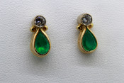14k two toned pear cut emerald and diamond earrings