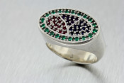 14k white gold ruby, sapphire, amethyst, and emerald ring